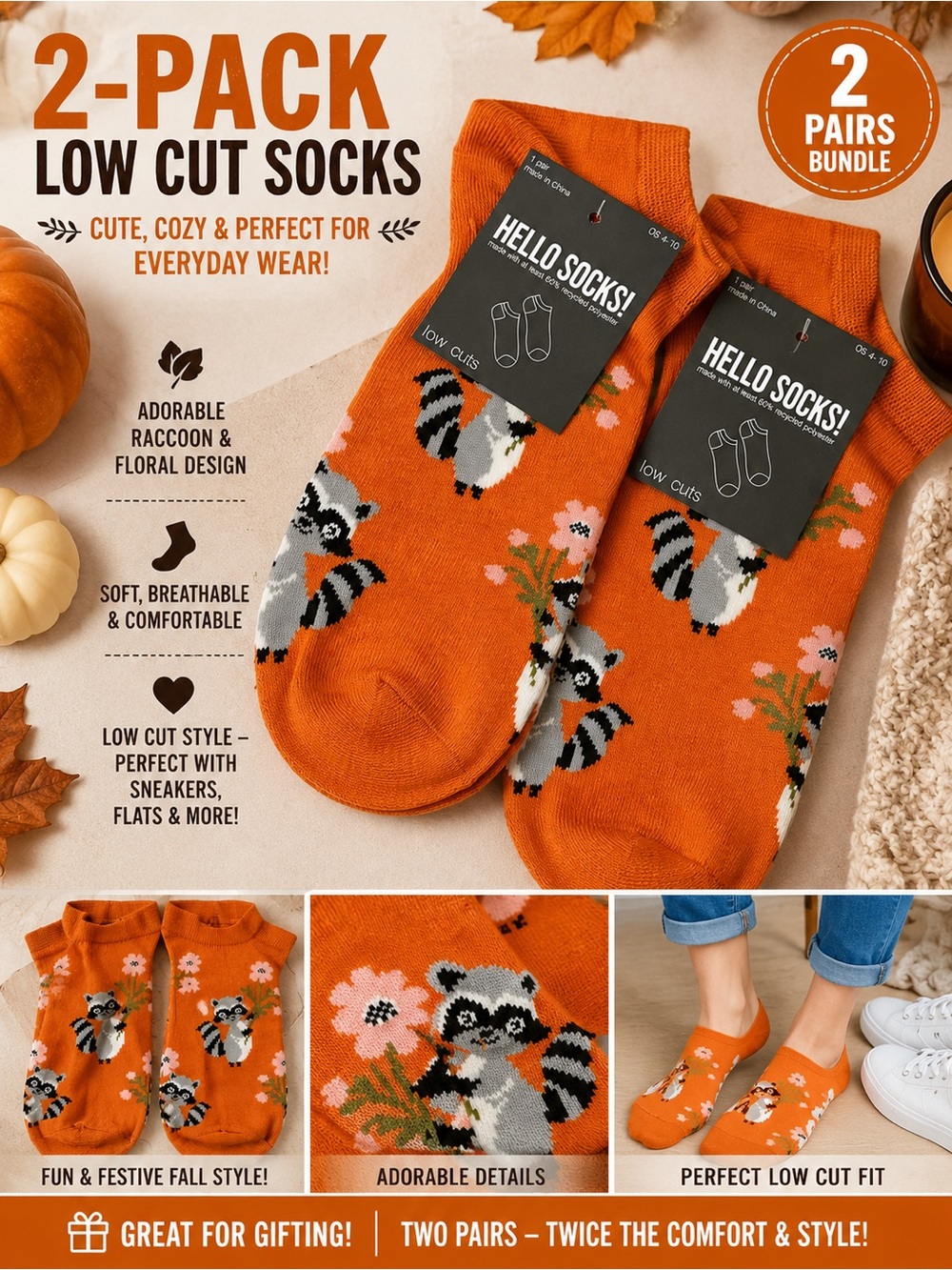 Women’s Low Cut Raccoon Floral Socks - Orange (2-Pack) size 4-10